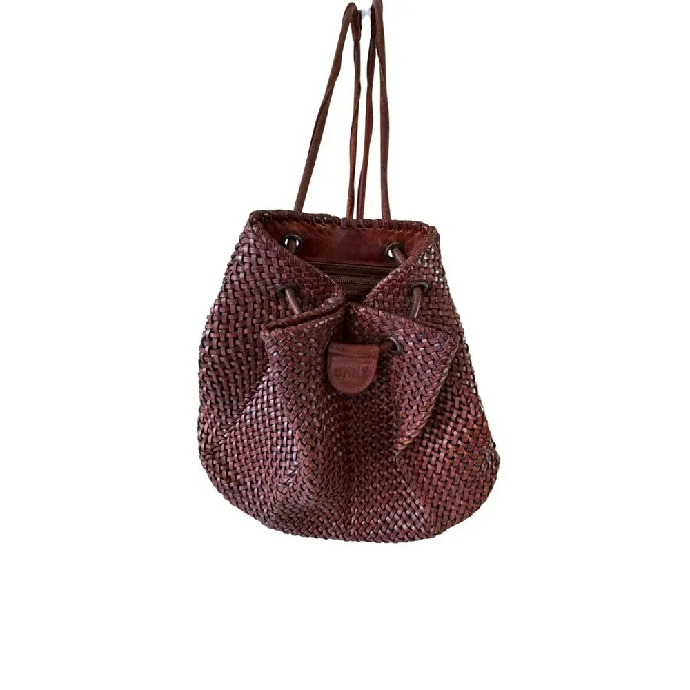 DKNY Womens Backpack Brown Woven Leather Vintage 1990s Casual